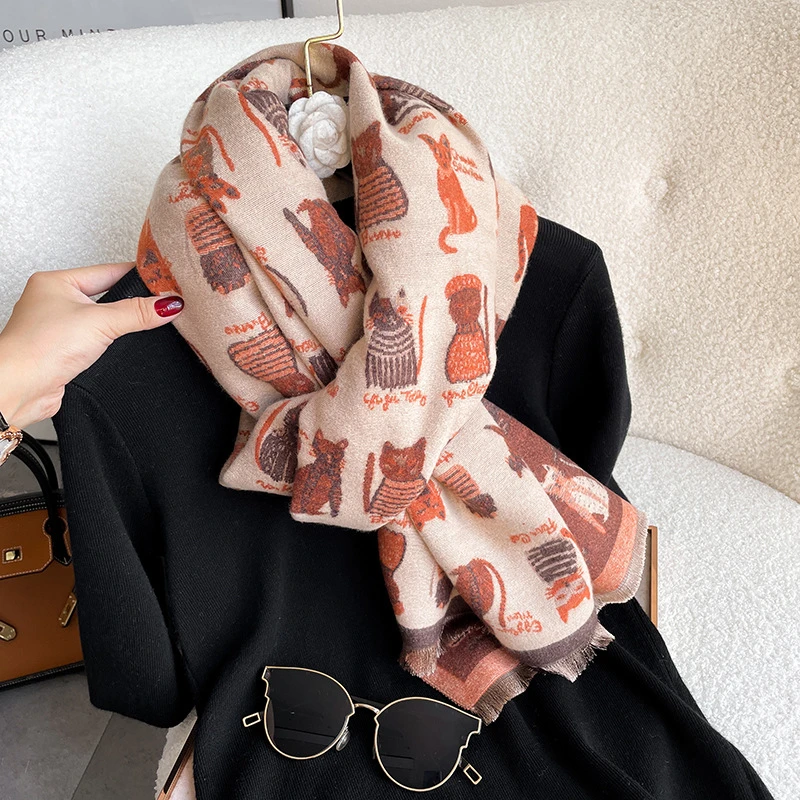 韩版长款猫咪围巾女秋冬高档百搭保暖仿羊绒围巾可爱学生加厚围脖