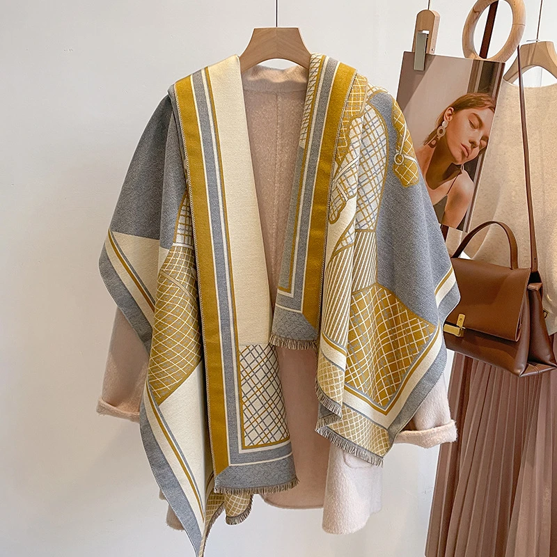 轻奢气质双面围巾春秋百搭韩版空调披肩长款骏马图案加厚保暖围脖