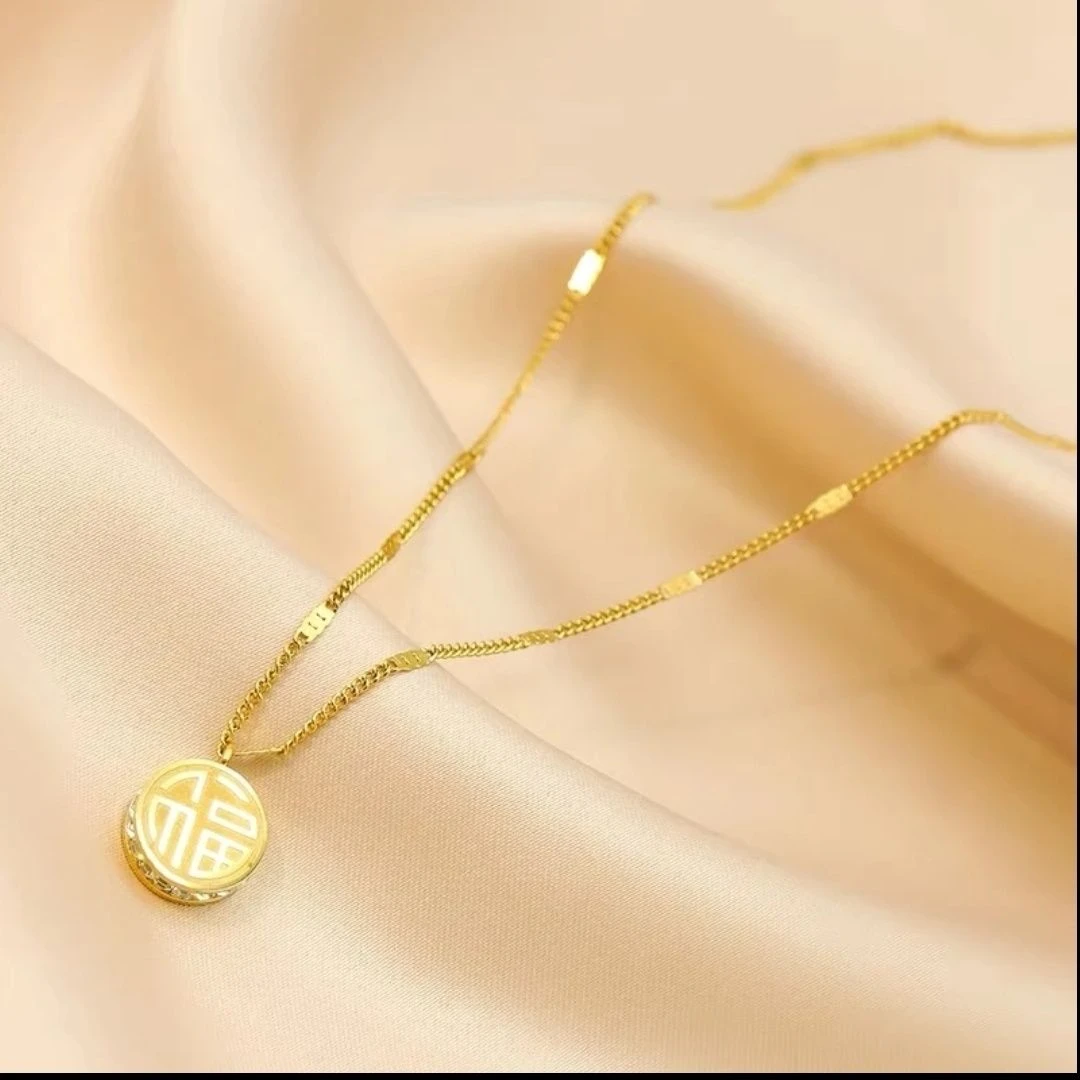 钛钢吊坠 钛钢材质福字喜字双面锆石项链久不掉色不变形百搭时尚