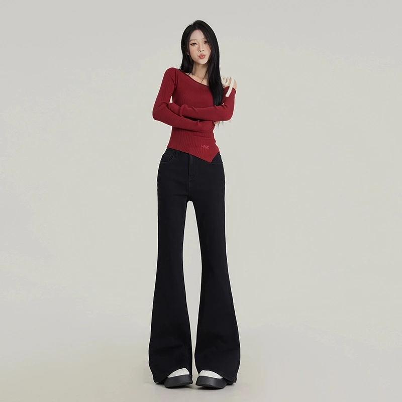 美式高街复古宽松阔腿黑色微喇牛仔裤女2025新款高腰通勤百搭裤子