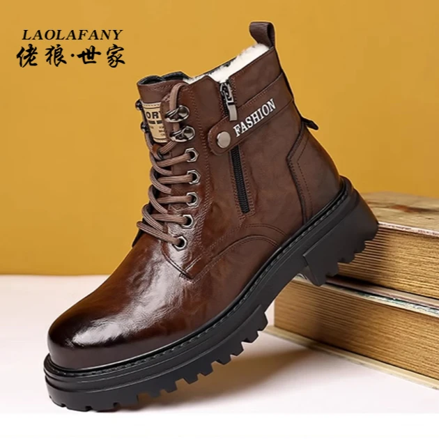 佬狼世家男士英伦风高帮休闲马丁靴潮流加绒加厚靴厚底中帮工装靴