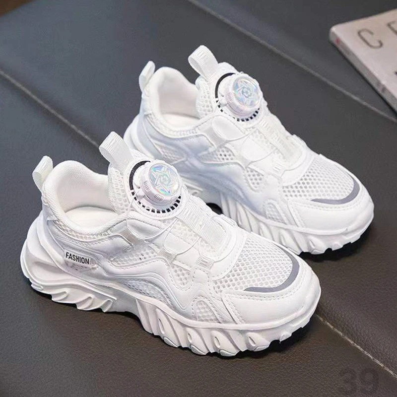 网面透气运动鞋夏季休闲男女童单鞋旋转纽扣厚底小白鞋跑步鞋男童