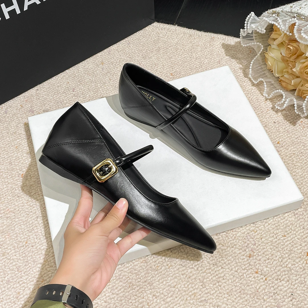 小个子内增高单鞋~内增高尖头软皮浅口温柔风平底新款百搭单鞋女