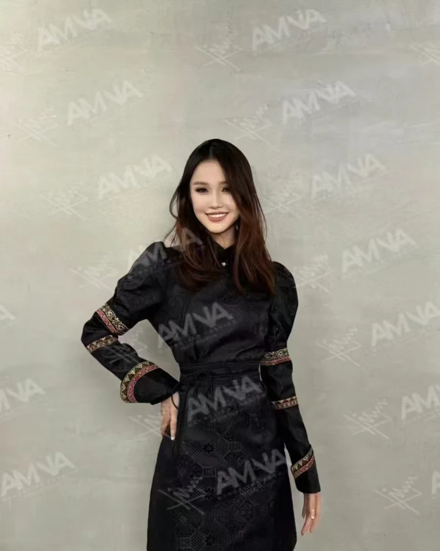 AMNA/阿泯娜B2306重磅民族风蒙古元素连衣裙显瘦中长款气质时尚