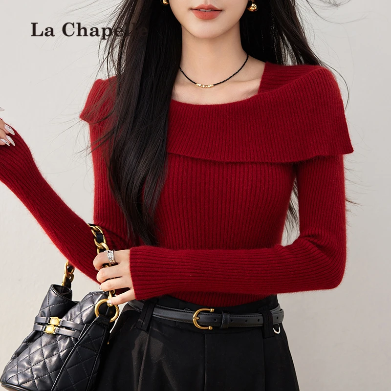 拉夏贝尔秋冬季穿搭红色毛衣法式修身毛衣一字肩针织衫毛衫上衣女