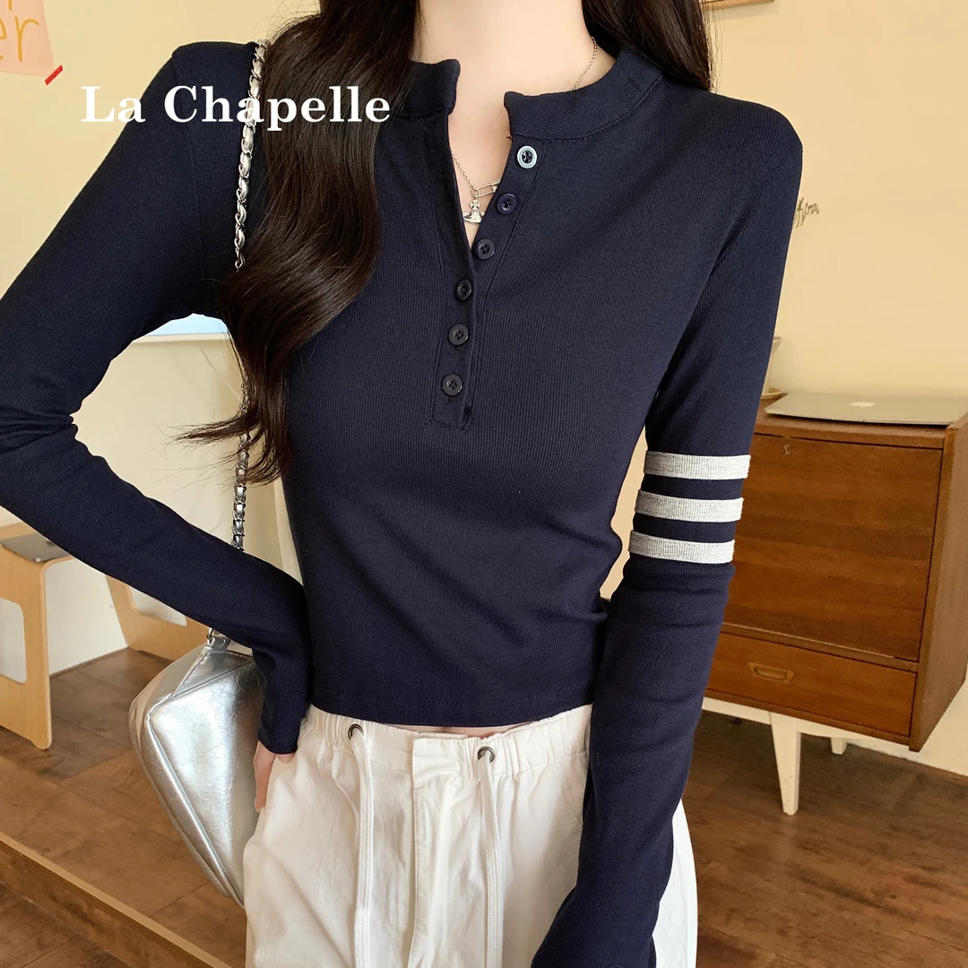 拉夏贝尔学院风针织纽扣长袖t恤高级感穿搭秋上衣女时尚洋气时髦