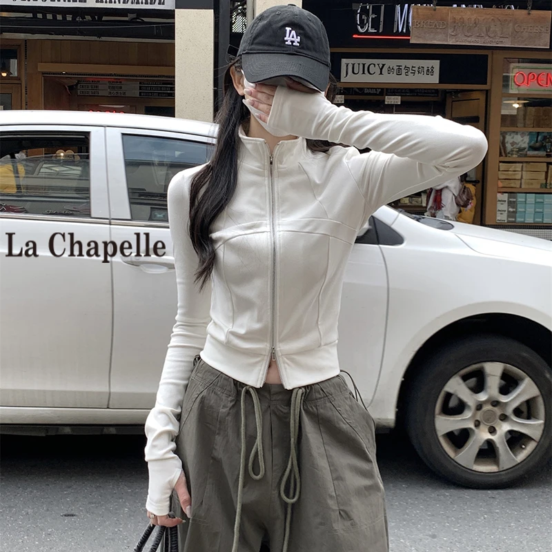 拉夏贝尔双开拉链卫衣短外套女春秋季休闲小众设计感修身显瘦上衣