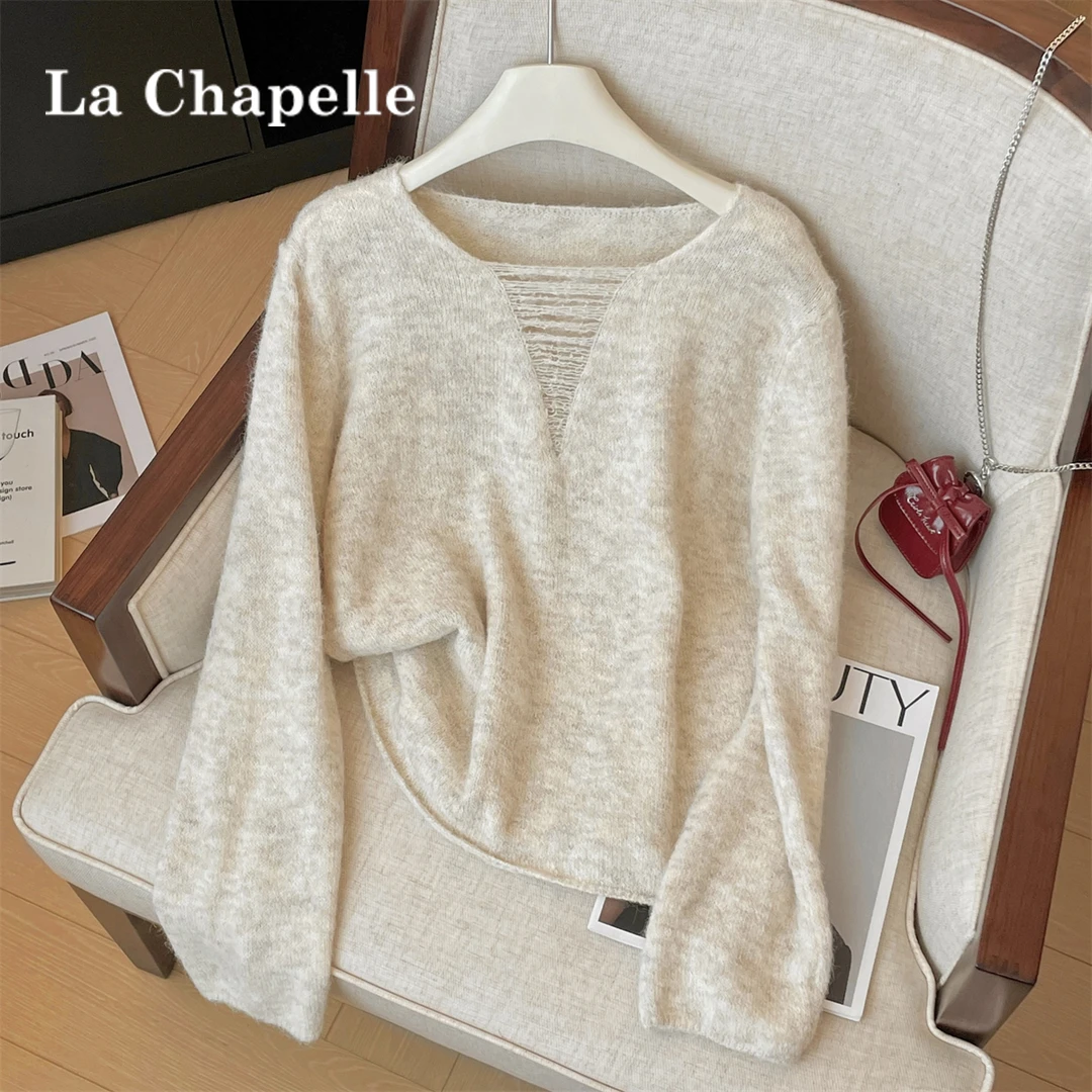 拉夏贝尔纯色软糯慵懒镂空V领打底毛衣女秋冬款显瘦内搭长袖上衣