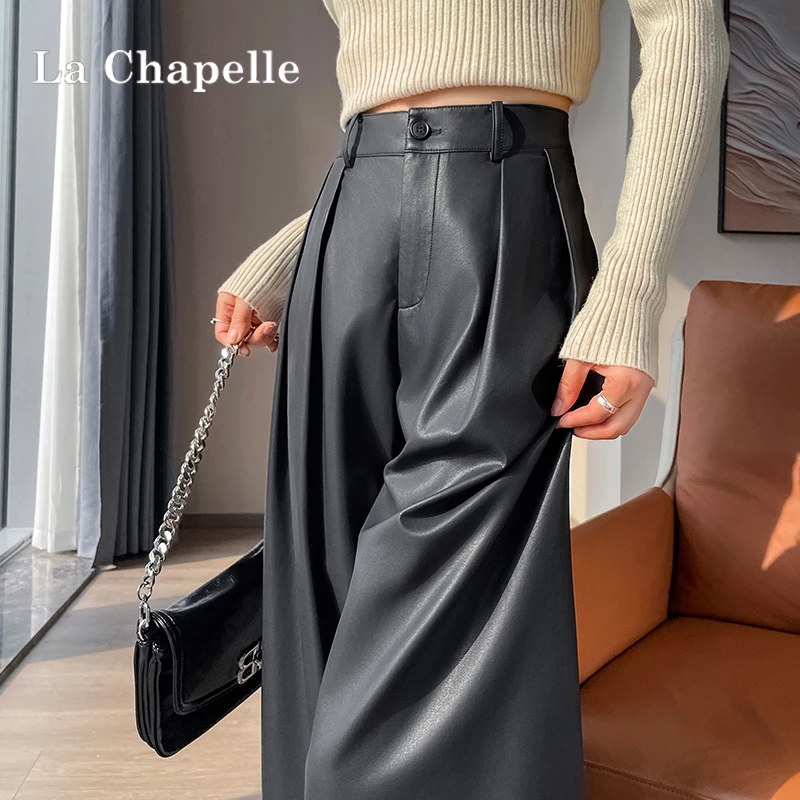 拉夏贝尔皮裤女秋冬季2025新款高腰休闲直筒西装裤宽松PU皮阔腿裤