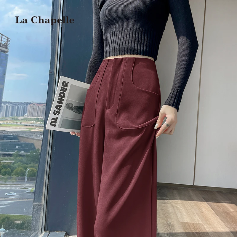 拉夏贝尔安哥拉红西装裤女秋季2025新款高级感垂感窄版直筒阔腿裤