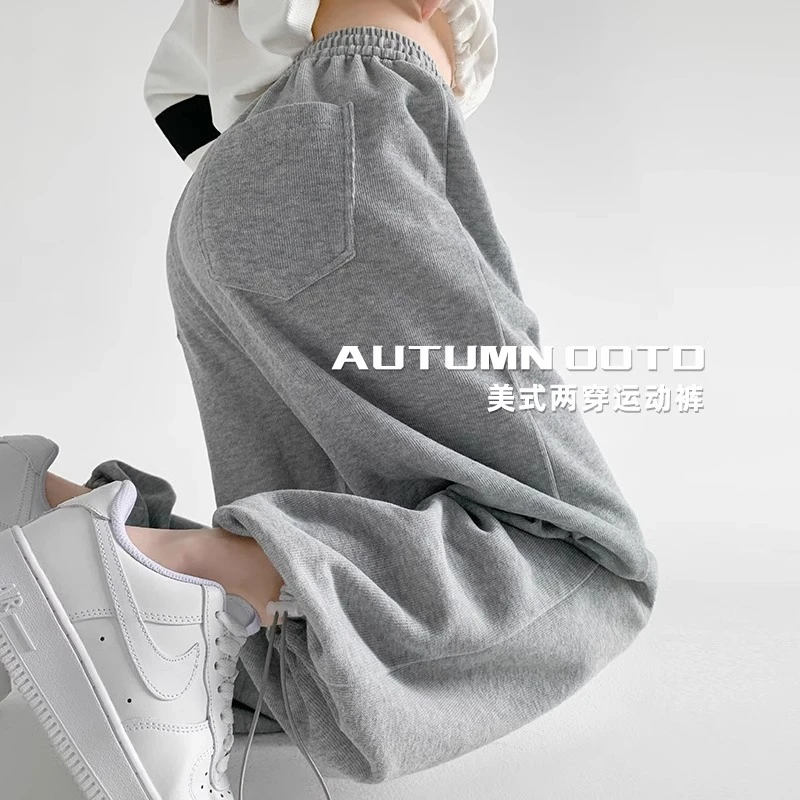 汐佑运动裤女2025秋冬新款小个子高腰加绒直筒阔腿美式休闲卫裤