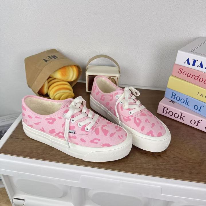 1073粉豹纹秋冬新款加绒帆布鞋女韩版百搭时尚休闲鞋女潮