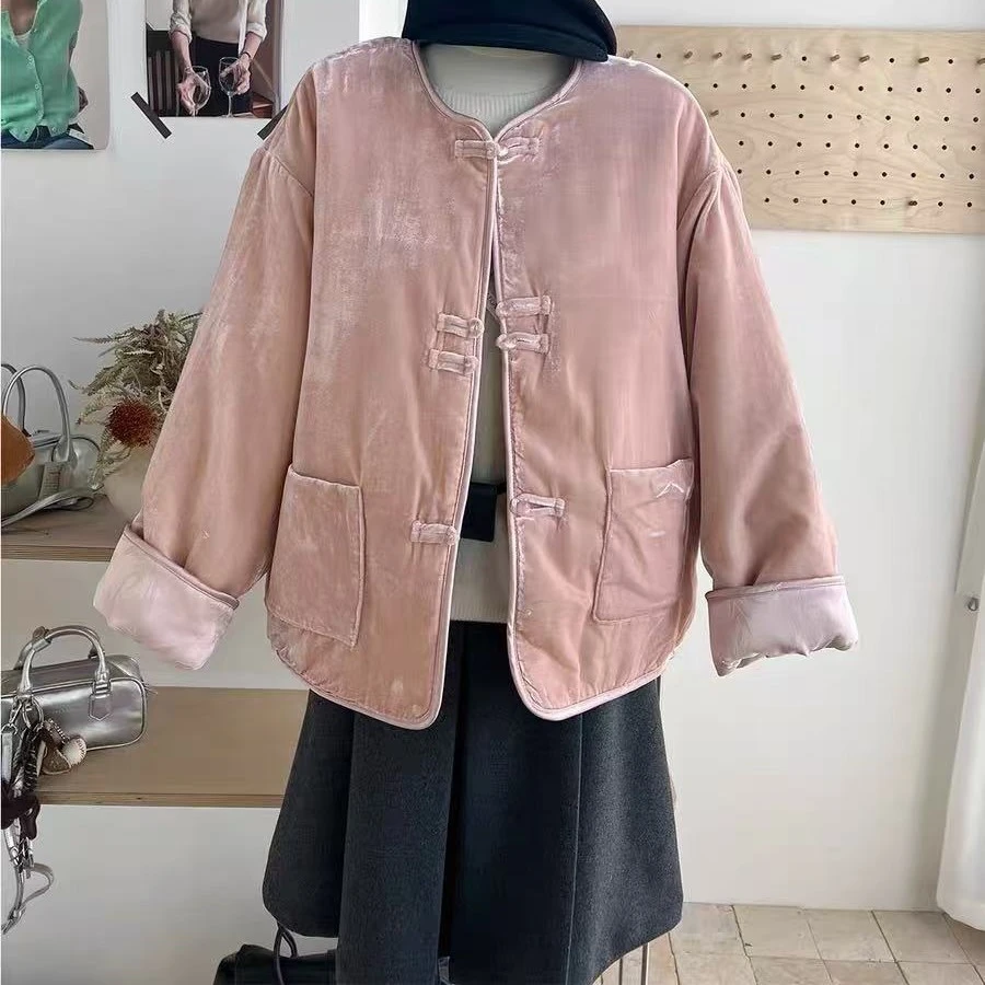 豆儿家女装丝绒棉衣珍珠扣