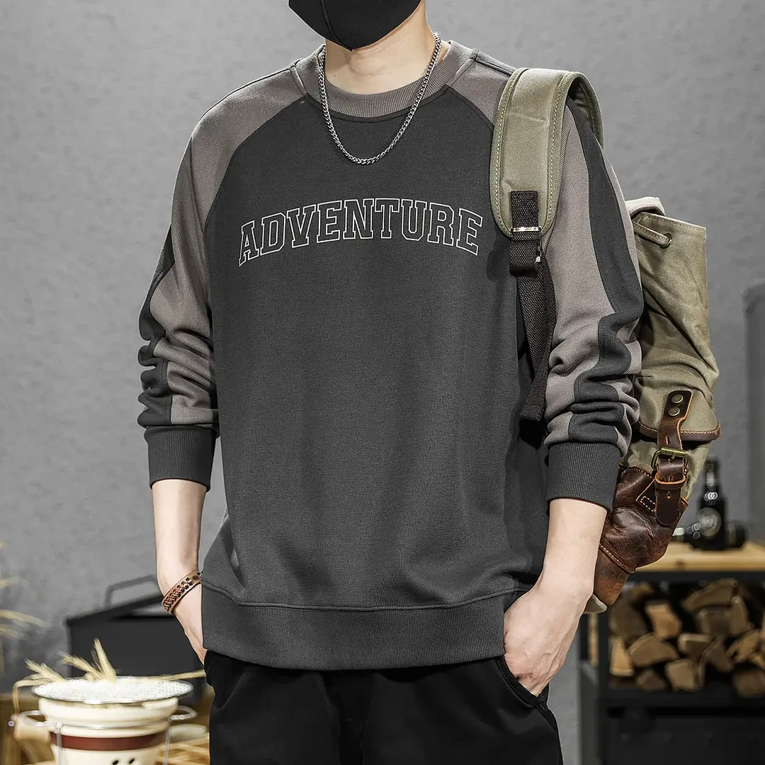 美式重磅插肩袖复古撞色圆领卫衣男夏季潮牌宽松大码休闲体恤衫潮