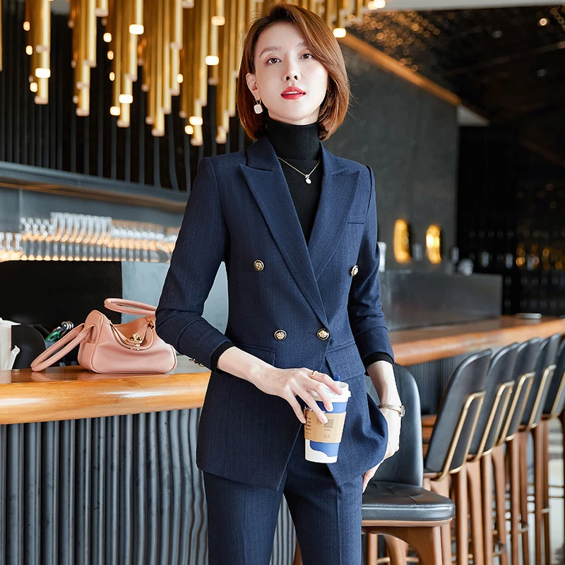 S6110英伦条纹小西装套装女气质职业装正装商务工作服女两件套