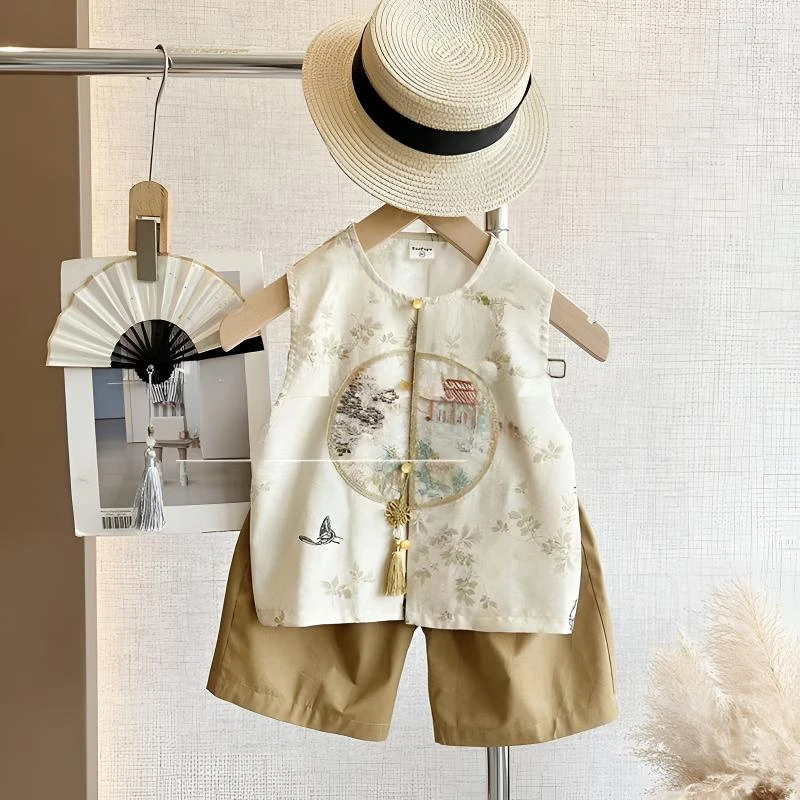 【漠中幻影】男童夏装国潮2024新款儿童无袖新中式刺绣背心两件套潮