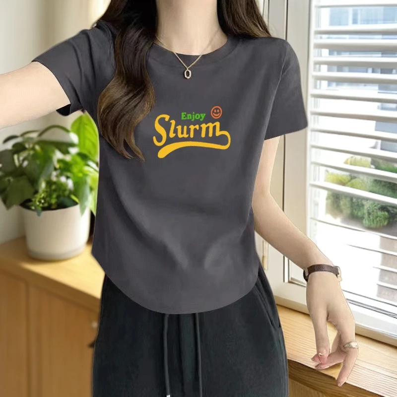 精棉印花短袖T恤女新款修身不规则设计感夏季时尚百搭上衣ins