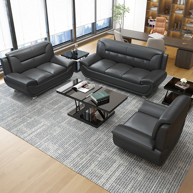 办公沙发简约现代商务会客接待办公室沙发茶几组合三人位真皮沙发