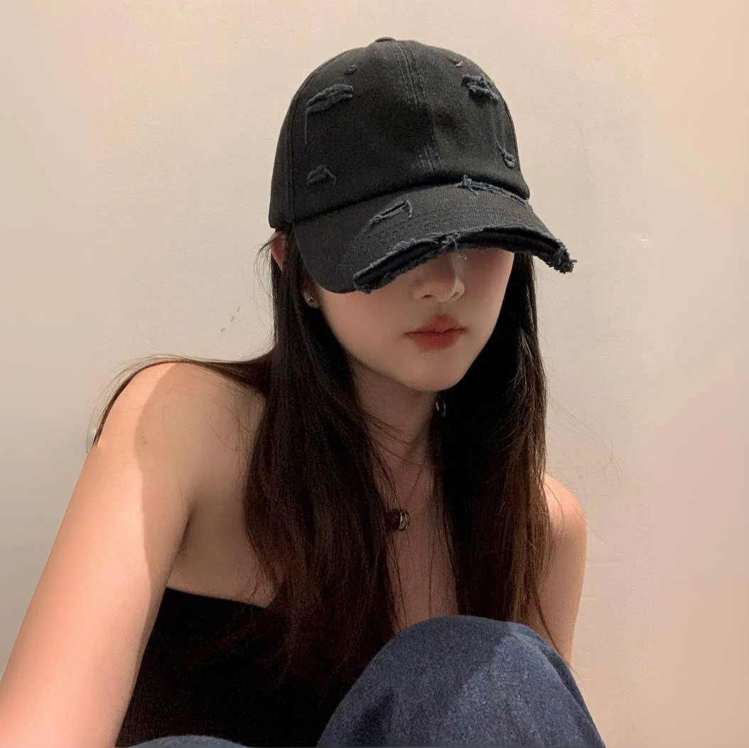 棒球帽网红潮流休闲破洞鸭舌帽子春夏季情侣百搭复古做旧帽显脸小