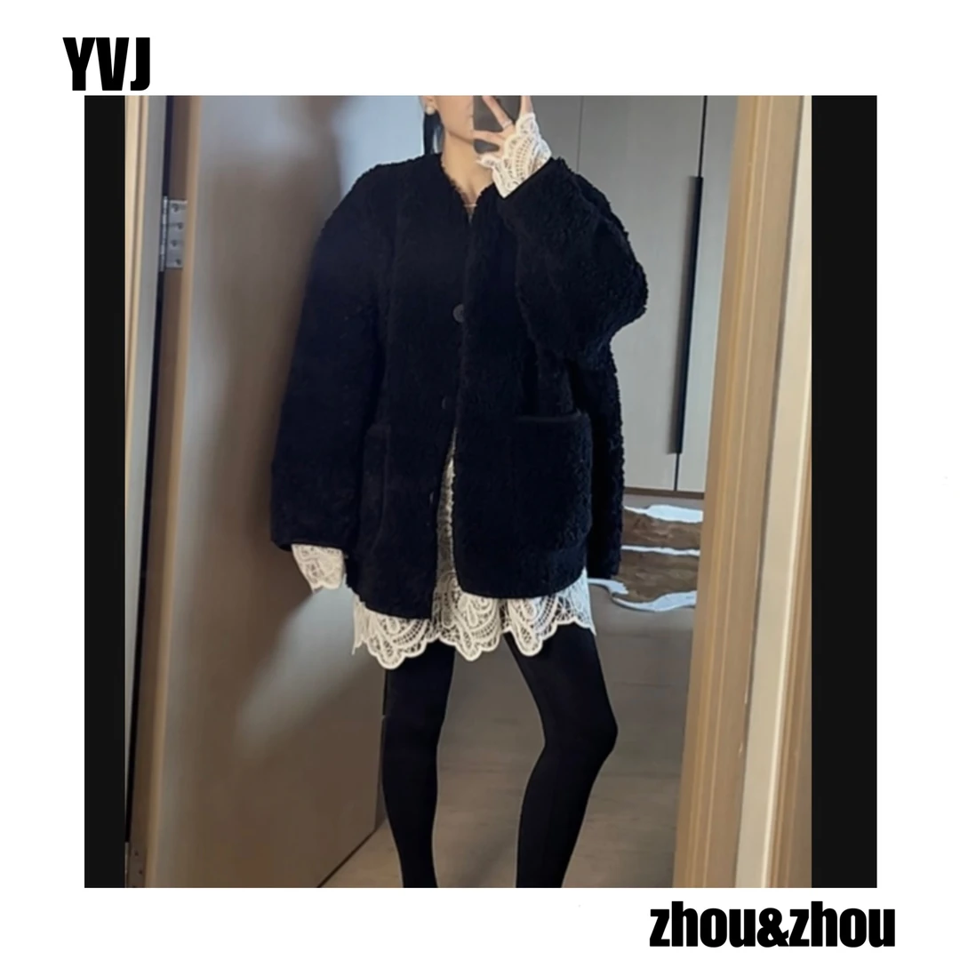 【大小周】新品炸街羊羔毛一体百搭加厚黑色外套女