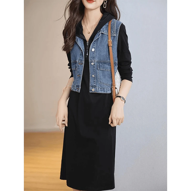 时尚韩版套装女2024春秋新款时尚牛仔马甲搭连帽休闲连衣裙两件套