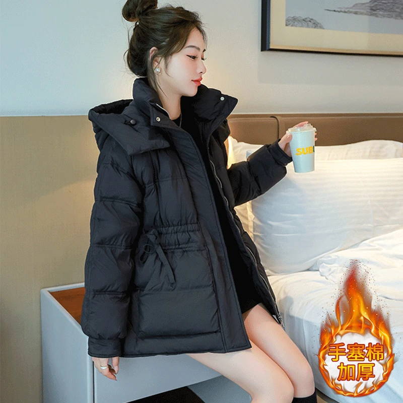 2024新款秋冬季保暖加厚棉服女小个子中长款收腰显瘦气质棉衣外套