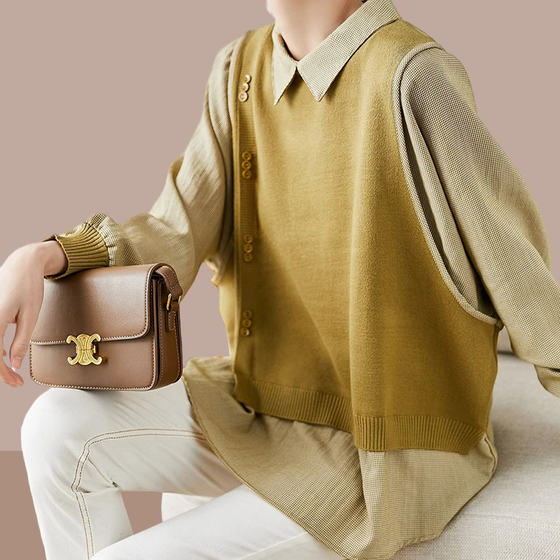 2023春秋妈妈款针织衬衣新款长袖显瘦女士时尚休闲打底假两件卫衣