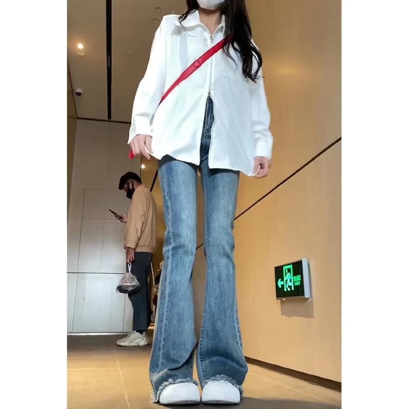 毛边微喇牛仔裤女2023年爆款新款高腰复古小个子女装马蹄喇叭裤子