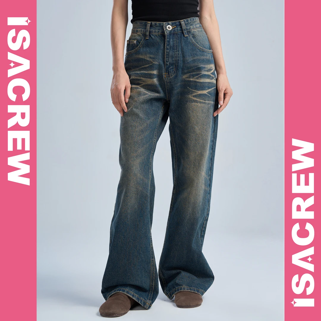 【明星同款】ISACREW水洗深色落色猫须宽松男女休闲牛仔裤百搭
