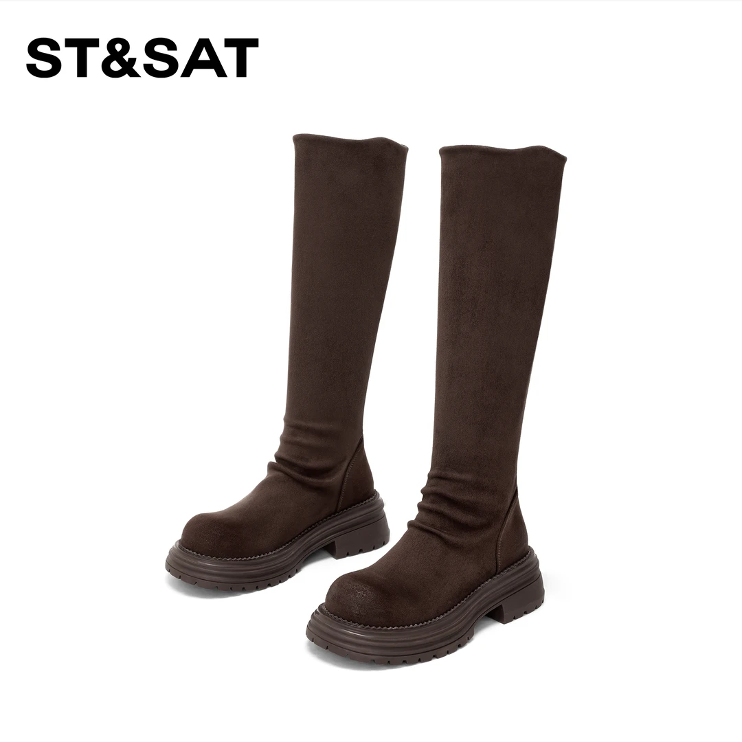 St&Sat/星期六时尚百搭气质高筒靴2025新款厚底增高时装靴女显瘦