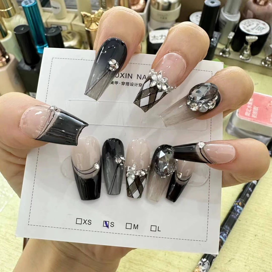 【337黑风菱格】轻奢定制纯手工穿戴甲百搭时尚简约个性设计指甲贴