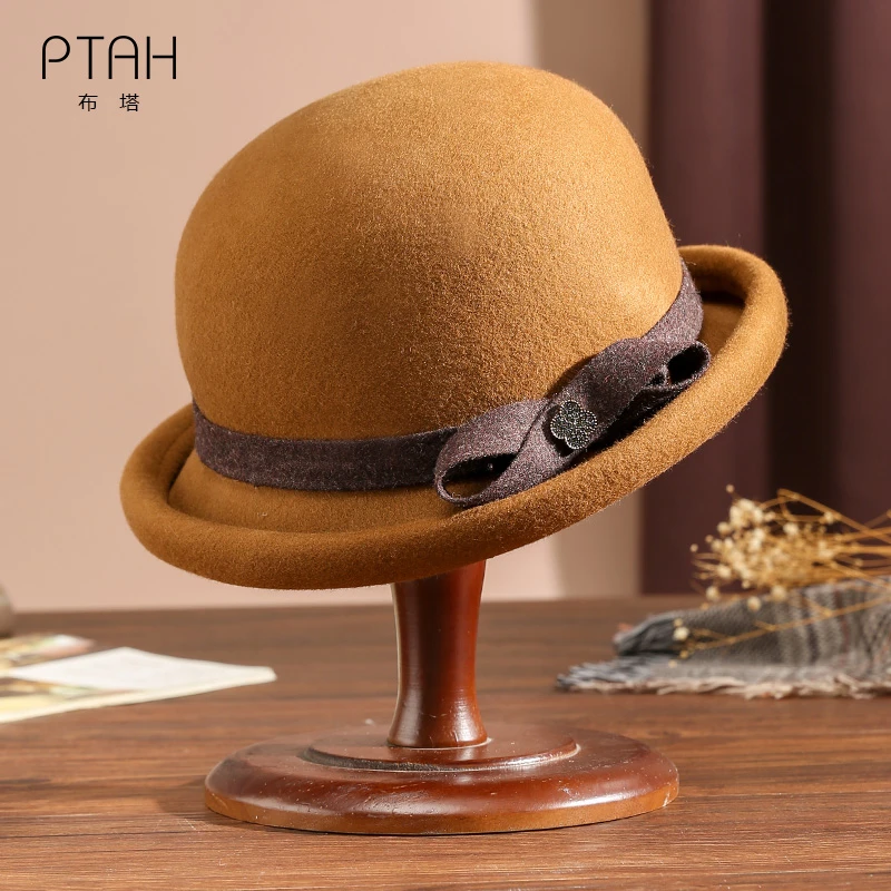 布塔秋冬季帽子女英伦礼帽纯羊毛呢帽卷边复古圆顶贴皮毡帽PT1202