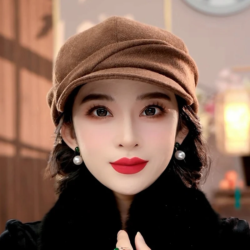 布塔羊毛报童帽鸭舌帽羊毛混纺护耳帽百搭复古保暖气质秋冬PT0758