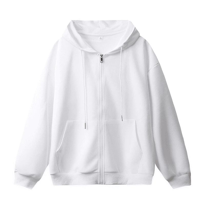 春秋款经典复古宽松潮牌白色拉链帽衫上衣纯色连帽情侣卫衣外套男