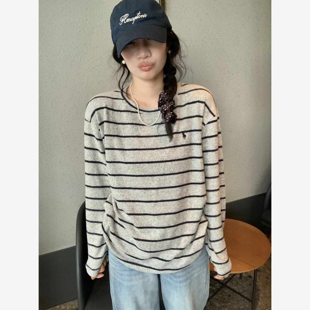 【欧尼专享】2866#韩版磨毛慵懒感圆领条纹长袖大版t上衣女2024秋冬