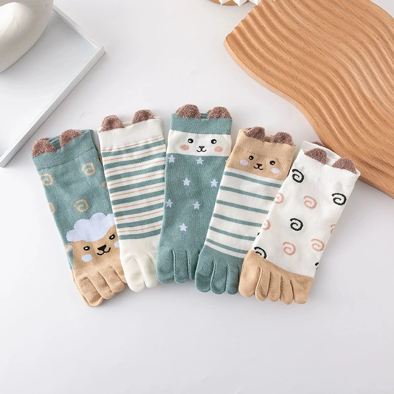 五指袜女棉卡通船春夏立体松石绿系分趾透气浅口舒适条纹甜美保暖