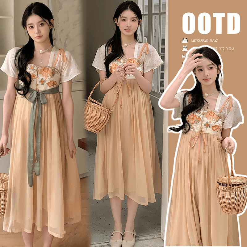 夏季新品重工刺绣假两件改良汉服连衣裙气质中国风日常仙气孕妇