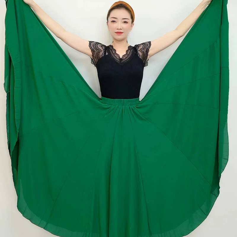 菱形麻纯色舞蹈大摆半身裙/720°带衬裙