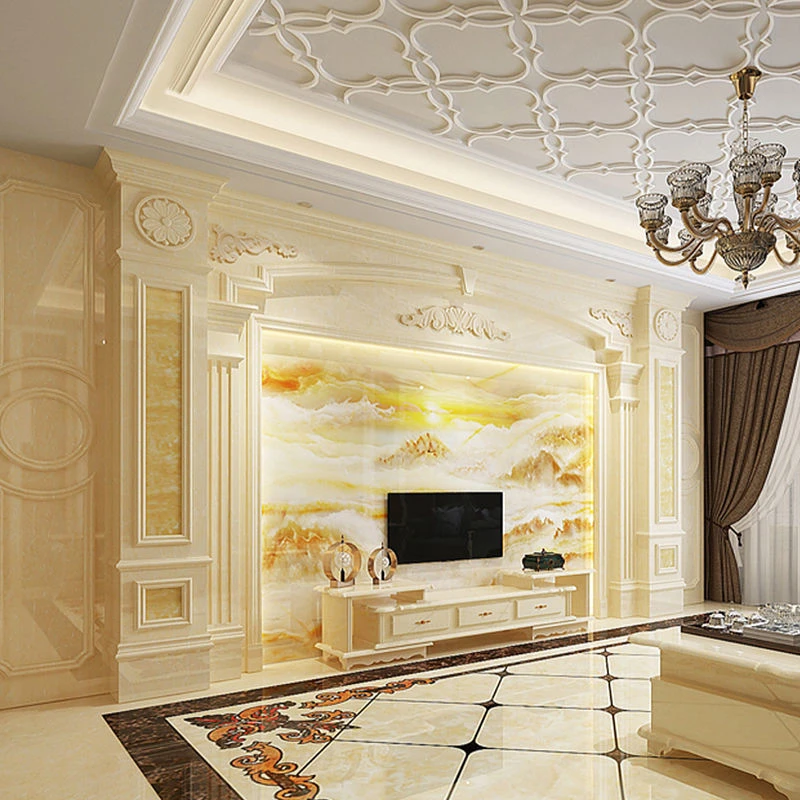欧式罗马柱客厅电视背景墙大理石双柱微晶石别墅全屋定制护墙板