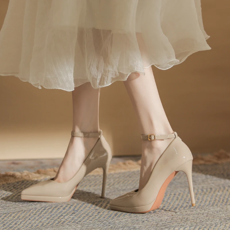 10CM防水台不累高跟鞋新款冬天夏季漆皮性感细跟尖头单鞋女