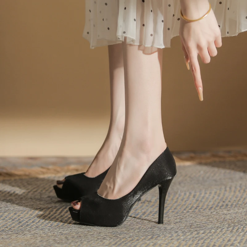 10CM超高跟鞋女细跟2025年新款绒面性感百搭职业防水台鱼嘴单鞋女