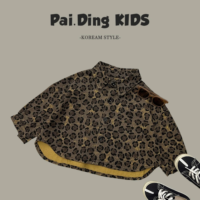 【小首尔】现货-qc5秋装儿童复古宽松翻领潮流豹纹衬衫SJ4245
