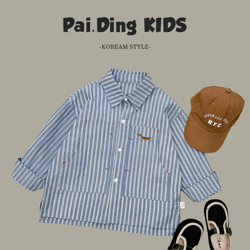 【迪哥】春秋装儿童韩版潮流条纹刺绣小狗翻领衬衫HCXZ3447-QHH