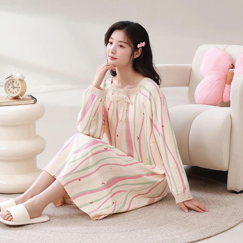 2025年带胸垫睡裙女纯棉春秋季长袖多巴胺色系网红同款家居裙长裙