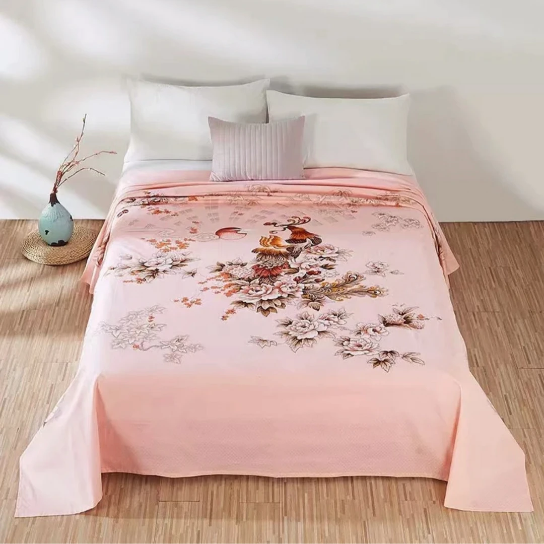 民光国风手绘丝光棉老式床单绗缝大花中式花型怀旧老床单