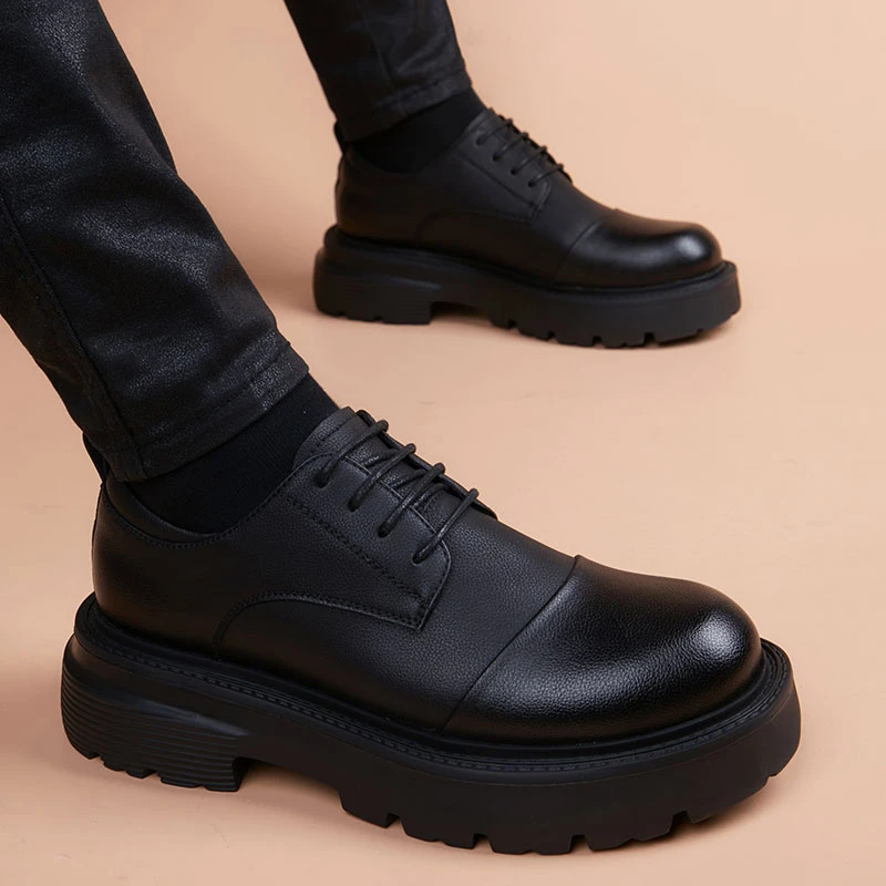 皮鞋男厚底真皮英伦风潮流百搭黑色哑光休闲鞋高端圆头软皮男鞋子