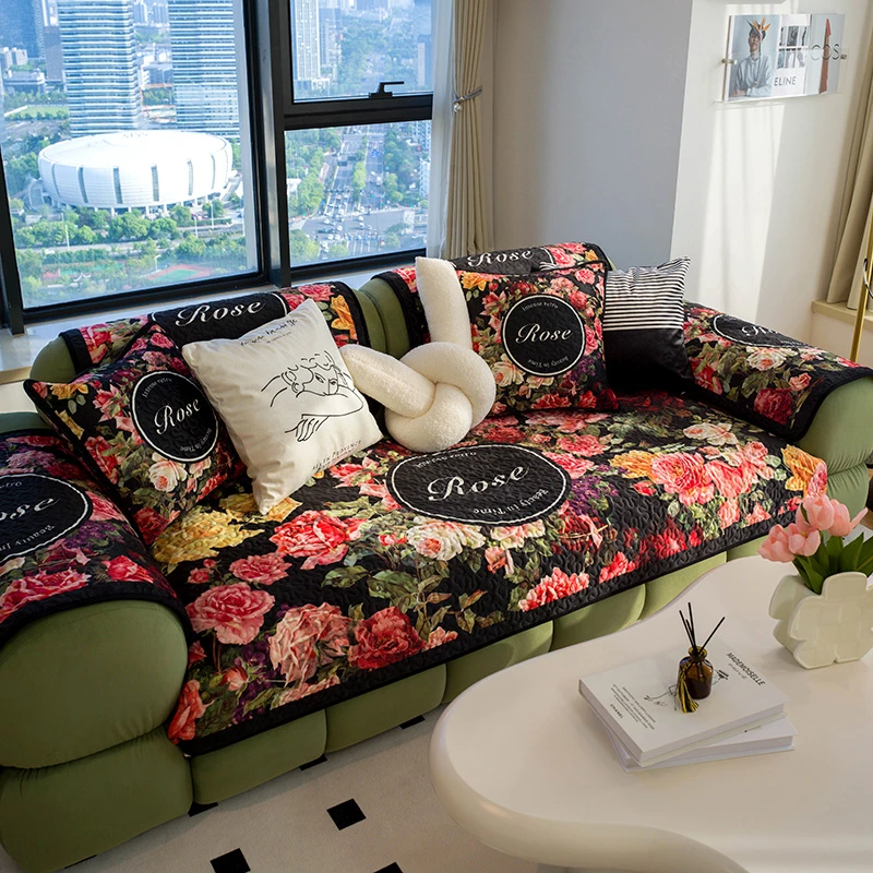 美式田园花卉时尚沙发垫经典艺术大花设计加厚沙发坐垫套罩可定制