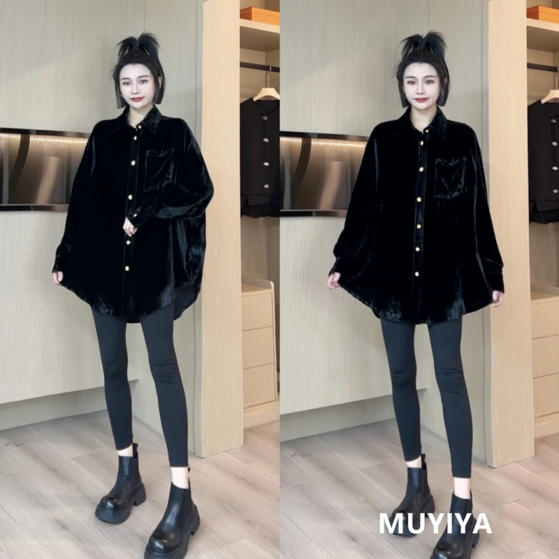 欧货高级感金扣丝绒气质衬衫2025秋季新款大码胖妹妹宽松显瘦外套