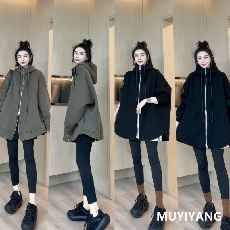 双向拉链宽松卫衣2025秋季新款大码胖妹妹时尚休闲显瘦连帽外套潮