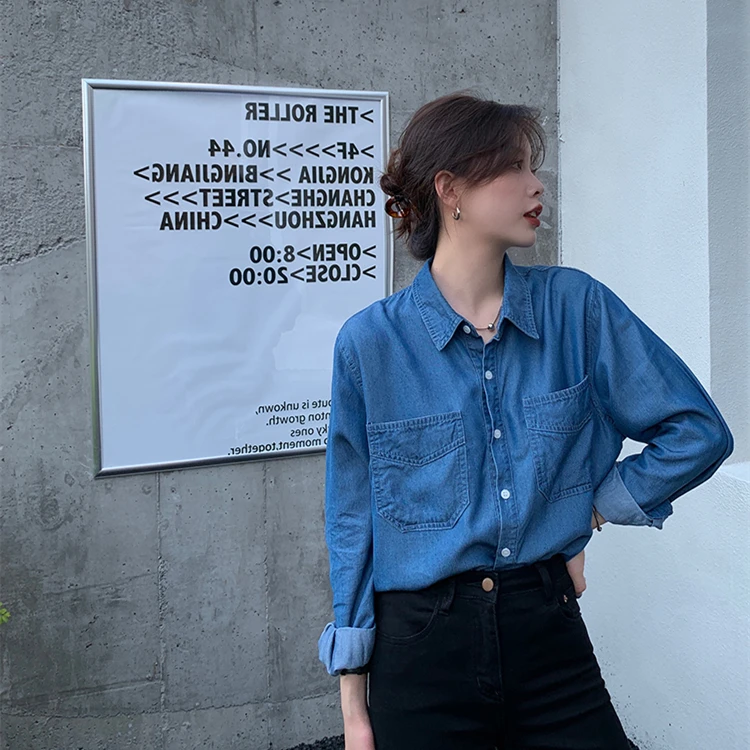早秋减龄牛仔衬衫女新款大码宽松长袖外穿衬衣胖mm高级感显瘦上衣